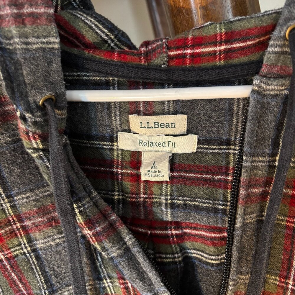 LL Bean Scotch Plaid Flannel Zip Hooded Flannel Shirt Jacket/Pockets Women L